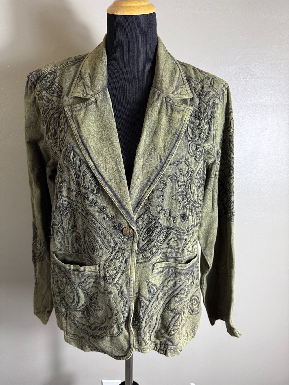 Coldwater Creek Olive Green Embroidered Blazer Jacket Vintage Boho-Chic Style